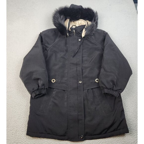 fleet street Jackets & Blazers - Women's Black Parka Jacket Large Faux Fur Lined Hood Gold Trim Preppy Cozy Layer